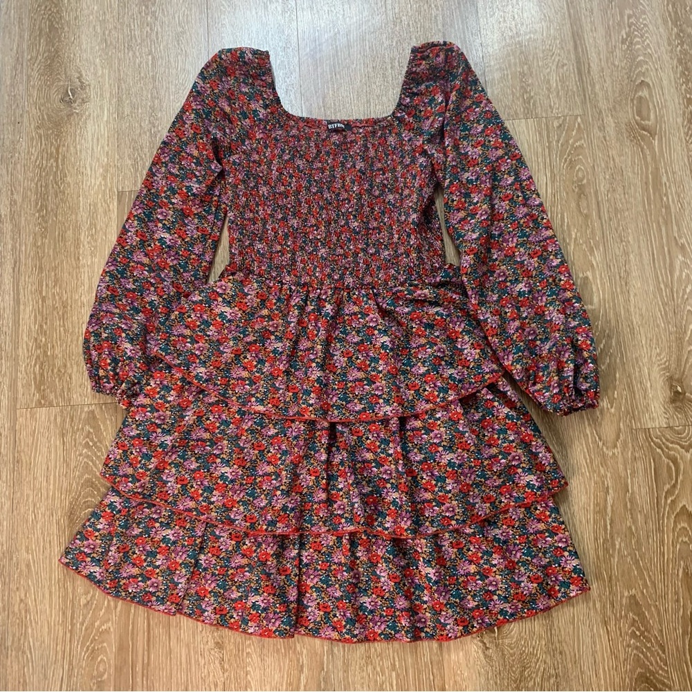 BTBFM Smocked Ruffled Floral Multicolor Dress Size Large